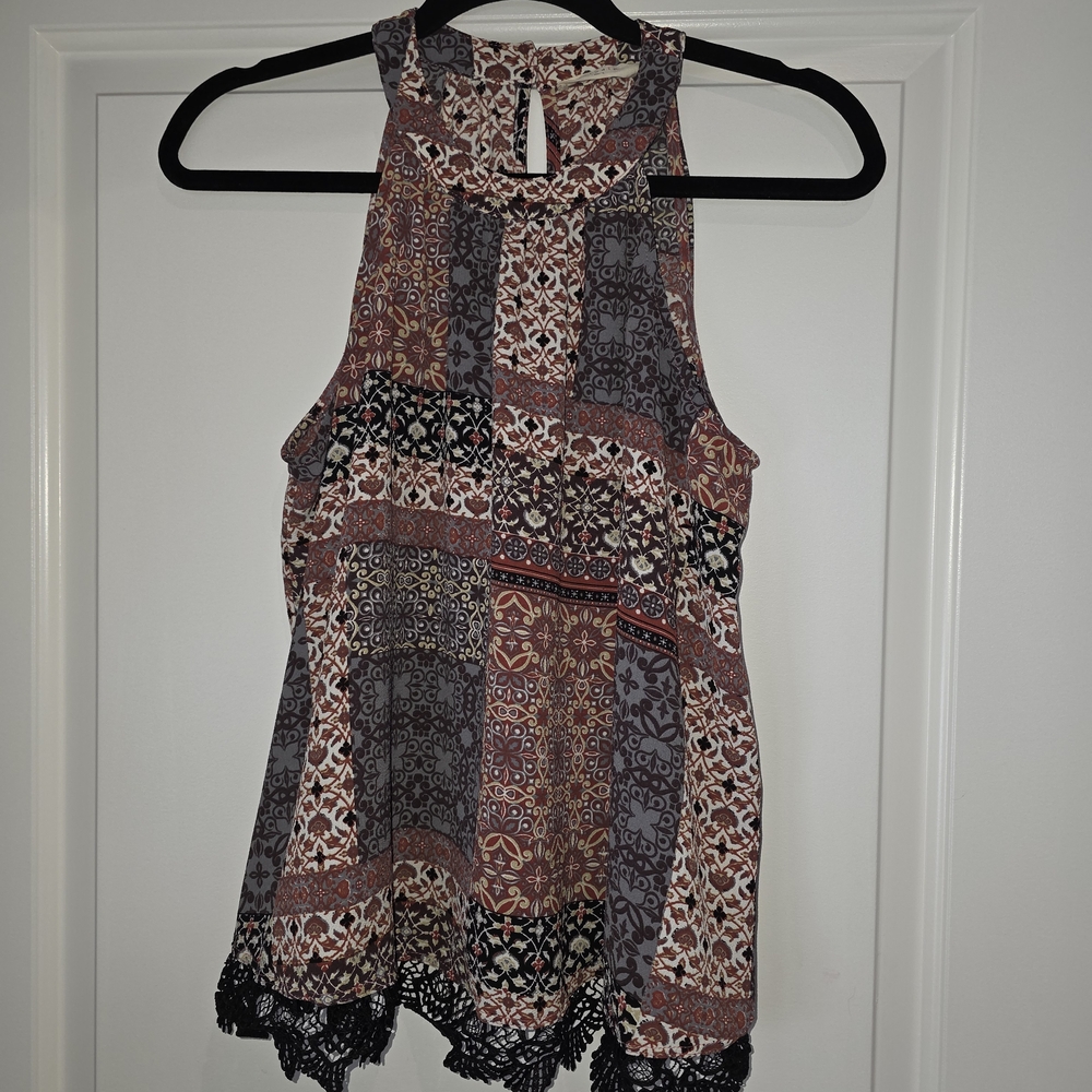 Elodie Multicolor Patterned Blouse with Black Lace Trim